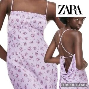Zara Floral Print Satin Effect Slip Light Mauve Dress Backless Crisscross Size M